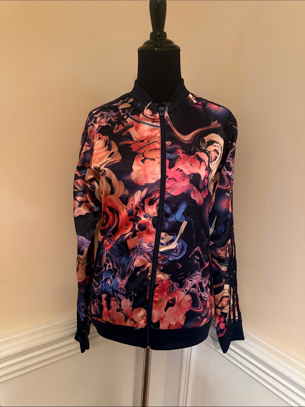 adidas Floral Bomber Jacket in Navy with Pink Accents Size Youth Large